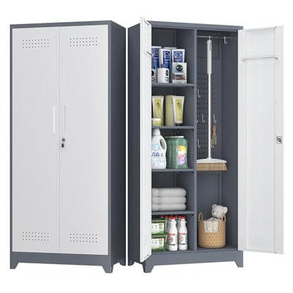 Broom Closet, 72" Broom Closet Storage Cabinet with Lock, Metal Tool Storage Cabinets with Pegboard, Cleaning Supply Storage Cabinets with Shelves for Home, Garage, Utility Room, Greywhite