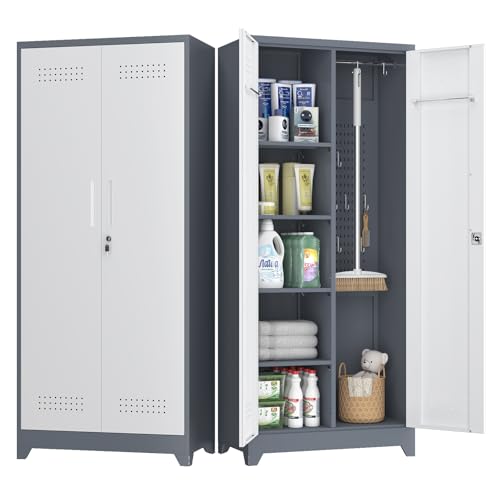 Broom Closet, 72" Broom Closet Storage Cabinet with Lock, Metal Tool Storage Cabinets with Pegboard, Cleaning Supply Storage Cabinets with Shelves for Home, Garage, Utility Room, Greywhite