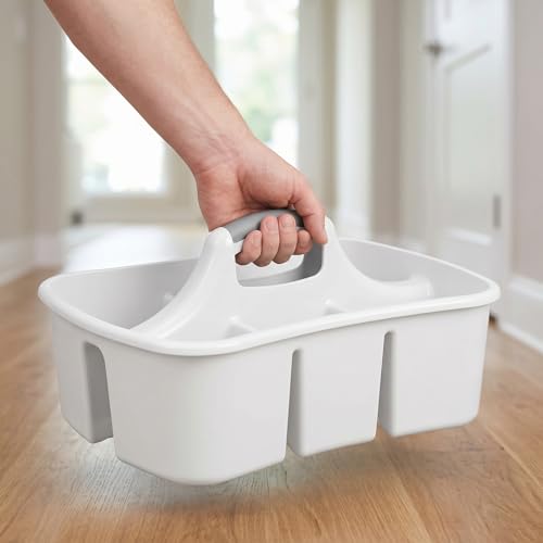 Large Plastic Utility Caddy with 4 Compartments – Heavy-Duty Storage Organizer for Cleaning Supplies, Sponges & Spray Bottles – Easy-Carry Handle (White)