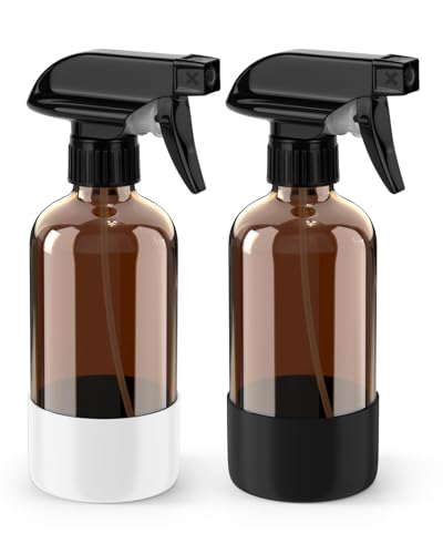 Bontip Glass Spray Bottle with Silicone Sleeve Protection, Amber Glass Spray Bottle Set for Window Cleaner Aromatherapy Facial Hydration Watering Flowers Hair Care 2 Pack/8 oz (Black & White) - color: Black & White, size: 8 oz