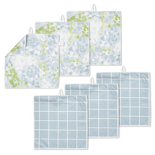 ELYN Microfiber Kitchen Dish Cloth Set, Quick-Dry & Absorbent Waffle Weave Cleaning Towels, Set of 6 Wash Cloths, Paper Towels & Sponge Alternative (Painterly Floral & Grid) - color: Painterly Floral & Grid, style: Dish Cloth - 6 Pack