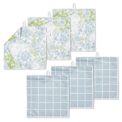 ELYN Microfiber Kitchen Dish Cloth Set, Quick-Dry & Absorbent Waffle Weave Cleaning Towels, Set of 6 Wash Cloths, Paper Towels & Sponge Alternative (Painterly Floral & Grid) - color: Painterly Floral & Grid, style: Dish Cloth - 6 Pack