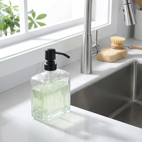 Square Clear Glass Dish Soap Dispenser Set 2 Pack, Black Refillable Hand Soap Dispenser with Rust Proof Stainless Steel Pump 2 x 13.5 oz Lotion Dispenser for Bathroom Vanity Kitchen - color: Black, size: 2X13.5oz-Square
