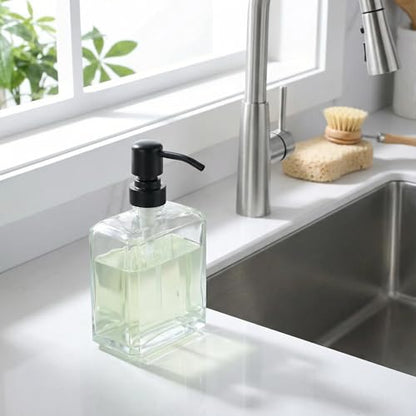 Square Clear Glass Dish Soap Dispenser Set 2 Pack, Black Refillable Hand Soap Dispenser with Rust Proof Stainless Steel Pump 2 x 13.5 oz Lotion Dispenser for Bathroom Vanity Kitchen - color: Black, size: 2X13.5oz-Square