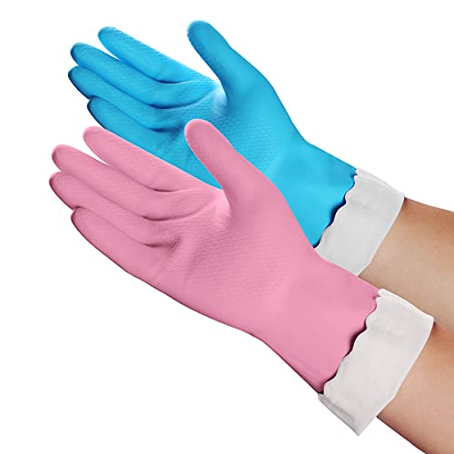 HSL Household Cleaning Gloves - Reusable Kitchen Dishwashing Gloves with Latex Free, Cotton lining, Waterproof, Non-Slip (Large, 2 Pairs) - color: Blue+pink, size: Large (Pack of 2)