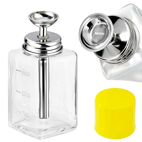 6oz / 180ml Glass Dispenser, Push Down Acetone Pump Alcohol Dispenser with Metal Cover, Nail Polish Remover Liquid Pump Square Bottle Hand Pumping Rubbing Press Container