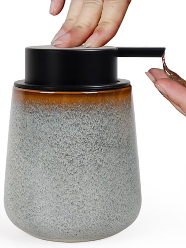 INGOFIN Ceramic Lotion Dispenser - 12 oz Refillable Hand Soap Dispenser Bathroom, Modern Liquid Dispenser with Pump, Dish Soap Dispenser for Kitchen, Kiln-Glazed Grey White - color: Kiln-glazed Grey White-liquid