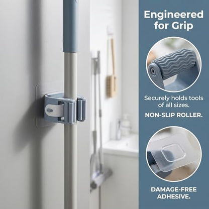 5pcs Strong Adhesive Wall Mount No-Drill Mop & Broom Holder-Gray - color: Gray