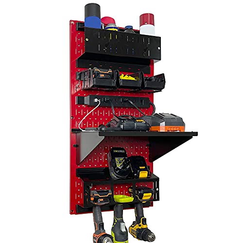 Wall Control Power Tool Storage Organizer Kit Cordless Drill Holder Charging Station Rack 16” x 32” Metal Pegboard Organization System (Red Pegboard) - color: Red Pegboard