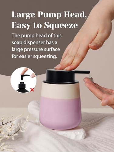 INGOFIN Ceramic Hand Soap Dispenser - 12 oz Liquid Lotion Dispenser Bathroom, Refillable Modern Dish Soap Dispenser with Pump for Kitchen, Beige and Pink - color: Beige and Pink-liquid