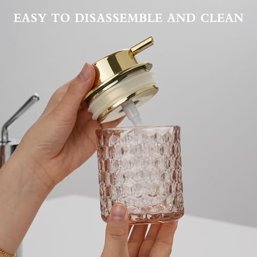 CICUFY Hand Soap Dispenser Glass, Refillable Liquid Dispenser for Bathroom & Kitchen,Lotion Dispenser with Large Gold Pump（Diamond Pattern-Pink） - color: Pink, style: Liquid(can't foam)/Diamond Pattern