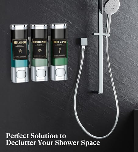 Luxspire Shampoo and Conditioner Dispenser, No Drill Wall Mounted Shower Soap Dispenser 3 Chamber with Waterproof Labels, Easy Refill Soap Dispenser for Bathroom Hotel Kitchen, Silver - color: Silver, size: 3 Chamber