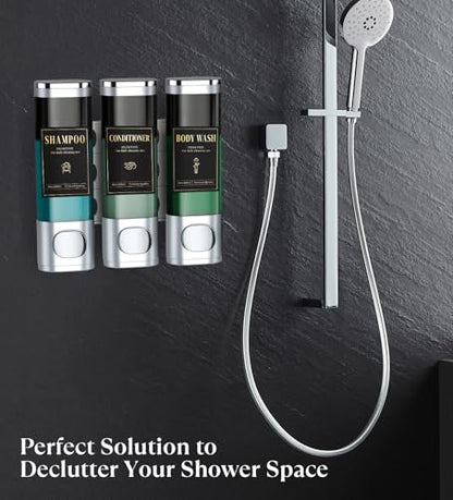 Luxspire Shampoo and Conditioner Dispenser, No Drill Wall Mounted Shower Soap Dispenser 3 Chamber with Waterproof Labels, Easy Refill Soap Dispenser for Bathroom Hotel Kitchen, Silver - color: Silver, size: 3 Chamber