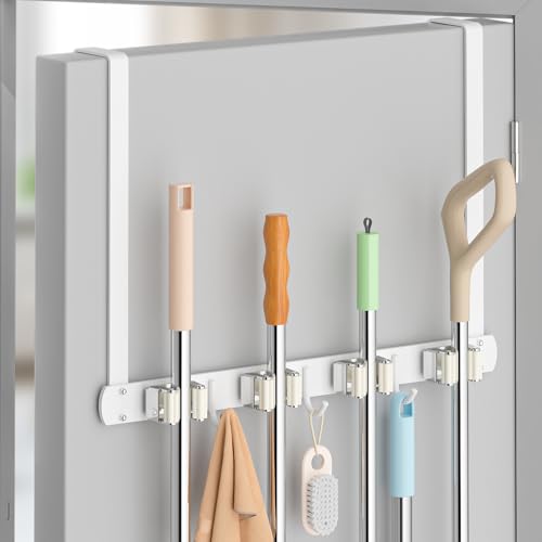 Broom Holder Over The Door - 304 Stainless Steel Mop and Broom Holder Wall Mounted or Hanging Over The Door with Hooks - Broom Hanger - white, Broom Storage Tool Organizer for Closet Laundry - color: White