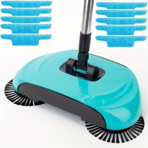 Manual Carpet Sweeper - 3-in-1 Hand Push Floor Cleaner with 360° Rotating Mop, Dustpan & Trash Bin for Hardwood and Ceramic Tile Cleaning - color: Lake Blue