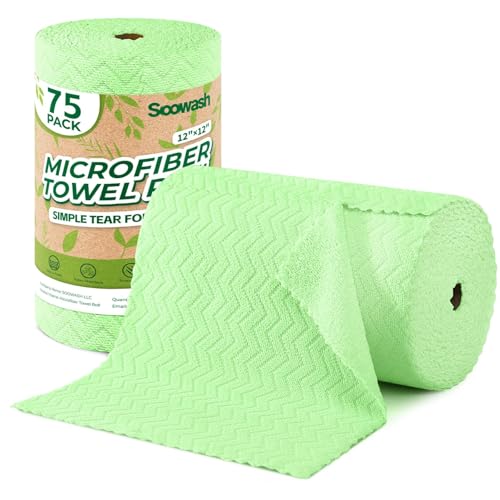 Microfiber Cleaning Cloths Roll, 75 Pack Tear Away Microfiber Towels Roll, 12" x 12" Lint Free Rags, Reusable Cleaning Cloths, Washable, Scratch Free,Ultra Absorbent Dish Rags(Green Ripple) - color: Green Ripple, size: 75 pack
