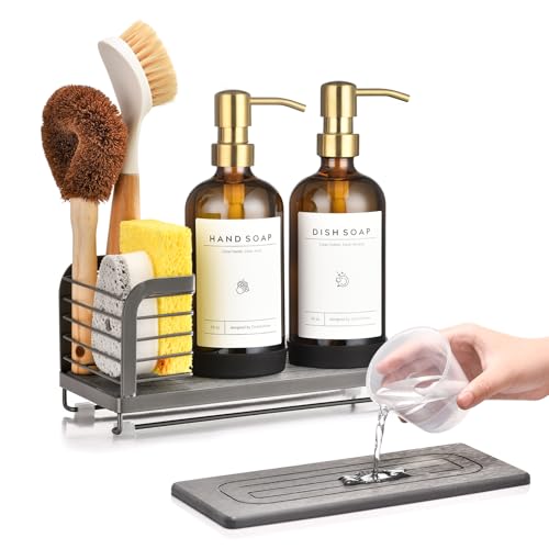 Kitchen Soap Dispenser Set with Drying Tray – 16oz Glass Bottles with Stainless Steel Pumps, Sink Organizer Caddy with Brush Holder & Non-Slip Feet – All-in-One Dish & Hand Soap Station - color: Grey Sink Caddy + Amber Bottle + Gold Pump