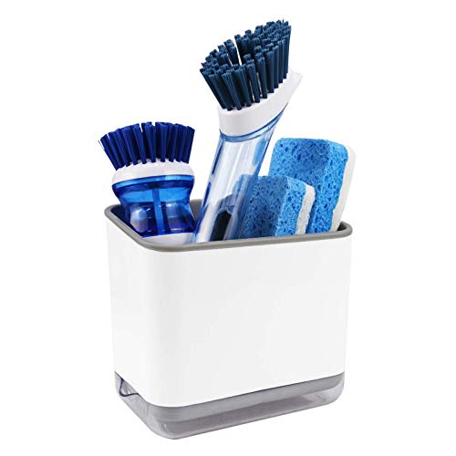 KeFanta Sink Counter Caddy, Plastic Dish Sponge Holder, Kitchen Brush and Scrubber Organizer with Drain Tray, White - color: Grey and White