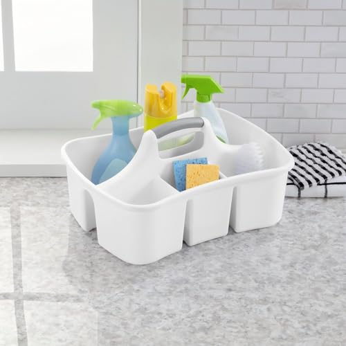 Divided Caddy Easy Carry Handy Plastic Utility Storage Organizer White Multi Compartment Portable Storage Caddy for Bathroom Kitchen Office Cleaning Supplies Makeup Organizer