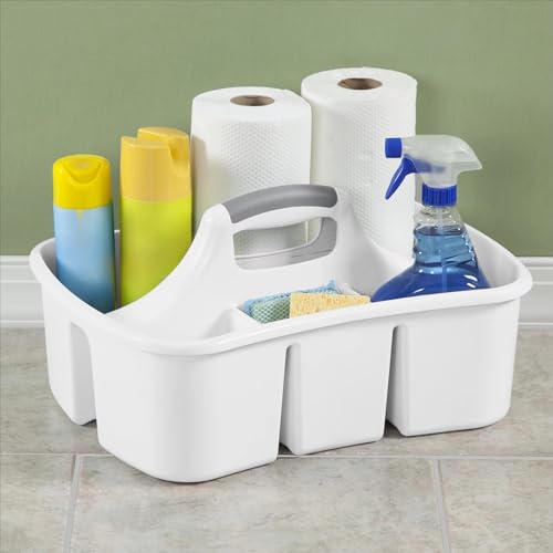 Large Divided Ultra Cleaning Caddy, White Plastic Under Sink Organizer with 4 Compartments, Curved Easy Carry Handle for Household Cleaning Supplies Storage