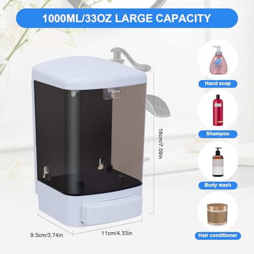 Soap Dispenser Wall Mount, 33.8oz/1000ml Commercial Manual Soap Dispenser Wall Mounted for Bathroom Kitchen Hotel, Liquid Containers Shampoo Plastic
