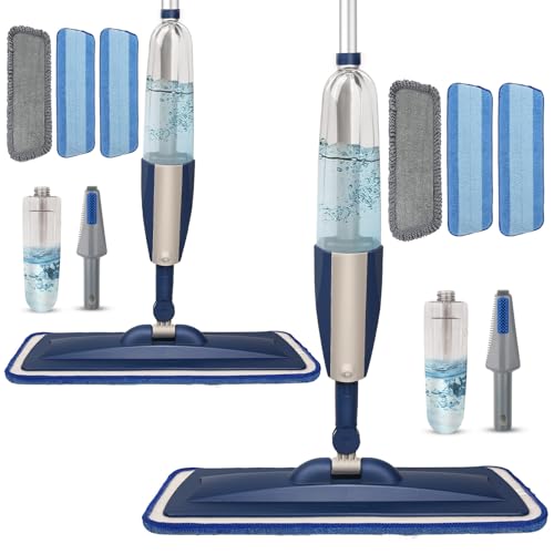 Spray Mop for Floor Cleaning, 2 Pack with Refillable Bottles & Pads | Blue combo, refillable 14 oz bottles, 6 washable microfiber pads, wet/dry use for hardwood, tile, laminate, home & commercial - color: Blue&blue