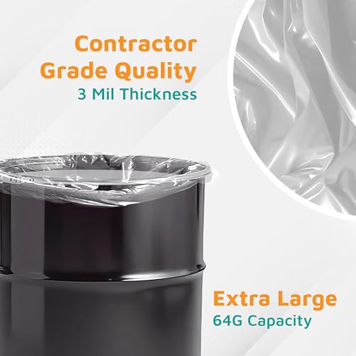 PlasticMill Contractor Bags Heavy Duty - Commercial, Industrial Garbage Bags - Clear Construction Trash Bags - Outdoor, Garden Trash Bags, 64-Gallon, 3 Mil, 50"x60" (30-Count)