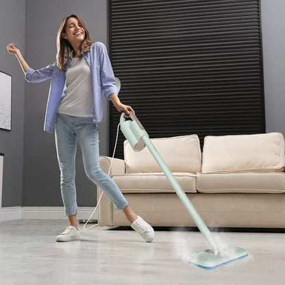 Newbealer Steam Mop & Detachable Handheld Cleaner, 1200W Floor Steamer | 3 Adjustable Levels for Carpet Laminate Hardwood Grout, Carpet Glider, 7 Multi-purpose Accessories & 2 Pads, 250ml Tank - color: Mint Green with 7 brushes