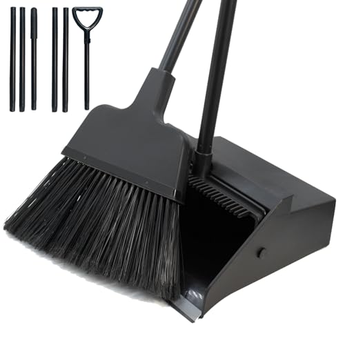 Broom with Dustpan Combo Set Outdoor Upright Dustpan and Broom Set with Long Handle Angle Broom and Dustpan Set for Garage Patio Courtyad Lobby Lawn Home Kitchen Ofiice