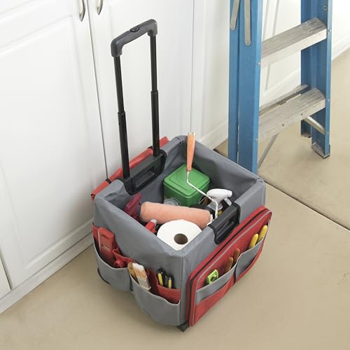 Mobile Folding Utility Cart with Canvas Storage Organizer Bag, Rolling Cart, Red/Grey - color: Red/Grey
