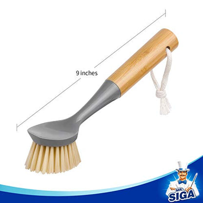 MR.SIGA Dish Brush with Bamboo Handle Built-in Scraper, Scrub Brush for Pans, Pots, Kitchen Sink Cleaning, Pack of 2 - color: Gray