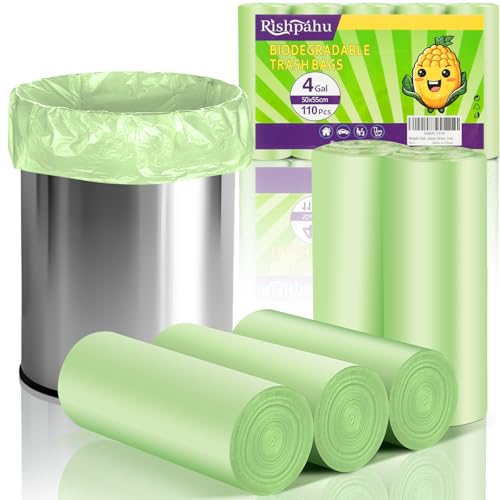 Rishipahu Small Trash Bags 4-6 Gallon Biodegradable, 110 Count Small Garbage Bags, Unscented & Leakage-Proof, Easy Tearing Bathroom Trash Bags for Bathroom, Office, Bedroom, Kitchen, Green - style: Bio-4 Gallon Green 110 Counts