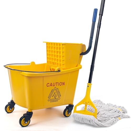 KeFanta 35 Quart Commercial Mop Bucket with Side Press Wringer on Wheels,Yellow,Include Heavy Duty Industrial Mop for Floor Cleaning,Household,Business,Restaurants and Janitorial Use