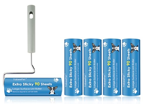 Extra Sticky Large Surface Lint Roller, 6.3'' Giant Lint Roller for Pet Hair, Lint Remover Roller for Cat Hair, Clothes, Furniture (1 Handle + 450 Sheets) - style: 1 Roller + 4 Refills