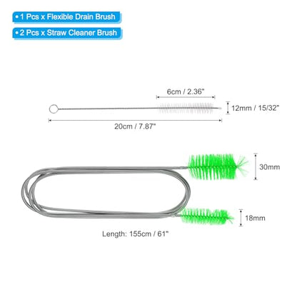 Flexible Long Drain Brush 67 Inch, Double Elastic Ended Nylon Cleaner, 2 Pcs 8 Inch Straw Hose Pipe Cleaning Brush for Sink Drain Tube, Green