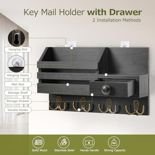Key Holder Wall Mount, Wooden Adhesive Mail and Key Organizer with Drawer, Small Shelf, 8 Hooks, 2 Installation Methods, Black - color: Black