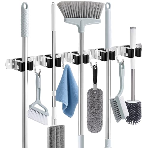 HANZENMA Broom Holder Wall Mount, Broom Organizer Wall Mount Stainless Steel Broom and Mop Hanger Heavy Duty Storage Organization for Home Kitchen Garden Garage Room 5 Racks 4 Hooks - color: Black, size: 5 Racks 4 Hooks