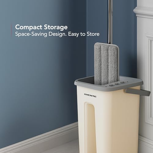 OVENTE Mop and Bucket with Wringer Set, Hands-Free Self-Cleaning Flat Floor Mop with Washable Microfiber Pad, Home Cleaner for Smooth Wall, Hardwood, Tile, Laminate and Glass Windows, Beige MBP32BGG