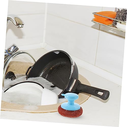 FRCOLOR 5-Piece Metal Scrubber Set with Short Handle Random Color for Pot and Pan Cleaning Heavy Duty Dish Cleaning Brush Kitchen Scouring Tool