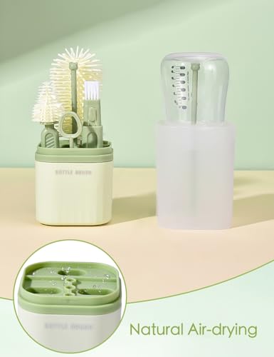 Baby Bottle Brush Set-Travel Bottle Cleaner Kit with Silicone Brush,Drying Rack,Nipple Brush,Straw Brush,Bottle Mouth Brush,Storage Box-6 in 1 Portable Bottle Washing Kit for Home and Travel