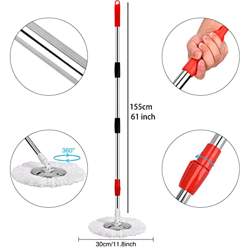 Mop and Bucket with Wringer Set 360° 3psc Microfiber Spin Mop with Bucket and Dual Mop Heads Self Wringing Spinning Mop (20QT) (2) (RED) - color: Red