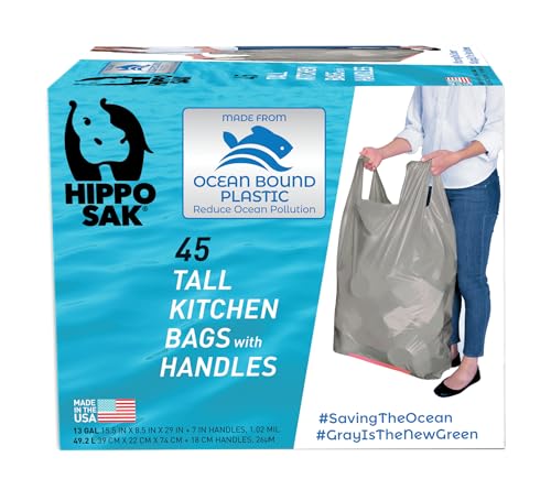 Hippo Sak - Tall Kitchen Garbage Bags with Ergonomic Handles - 13 Gallon Trash Bags Made from Recycled Ocean Bound Plastic - Super Strong and Leak Proof Tall Kitchen Trash Bags (45 Count) - size: 45 Count (Pack of 1)