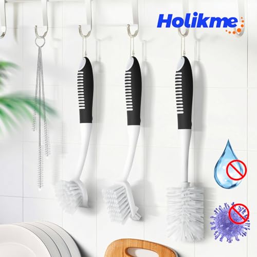Holikme 6 Pack Dish Brush Set with Bottle Brush, Dish Scrub Brush, Pan Brush and 3 Straw Brushes, Deep Cleaning Handle Brush with Scraper Tip for Kitchen Sink Dishes Bottle Cup Pot and Pans (Black) - color: Black