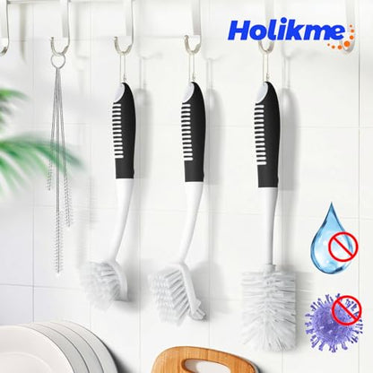 Holikme 6 Pack Dish Brush Set with Bottle Brush, Dish Scrub Brush, Pan Brush and 3 Straw Brushes, Deep Cleaning Handle Brush with Scraper Tip for Kitchen Sink Dishes Bottle Cup Pot and Pans (Black) - color: Black