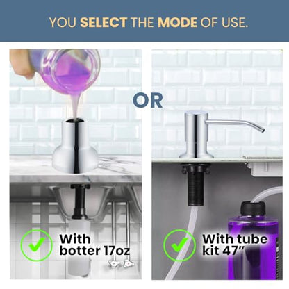 SBEN Built-in Kitchen Sink Soap Dispenser – Stainless Steel Pump, 17 oz Bottle and Extension Tube Kit 47", Upgraded Metal Check Valve, Countertop Hand Soap & Lotion Dispenser (Chrome) - color: Chrome