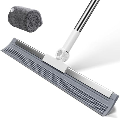 Floor Squeegee Broom with Rubber Scrubbing Teeth, 16 Inch 2-in-1 Magic Broom with 54 Inch Telescopic Long Handle, Shower Floor Squeegee for Bathroom, Kitchen, Tile, Concrete, Pet Hair