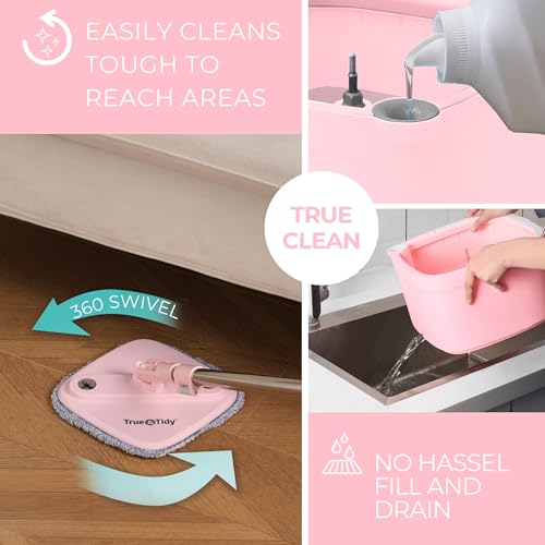 True & Tidy® True Clean Mop and Bucket System, Includes Square Spin, Dual Compartment Mop Bucket and 2 Thick Machine Washable Pads New Upgraded with Side Brush & Self Standing Handle, Rose - size: Spin Mop Rose w/ Side Brush & Self Standing Handle
