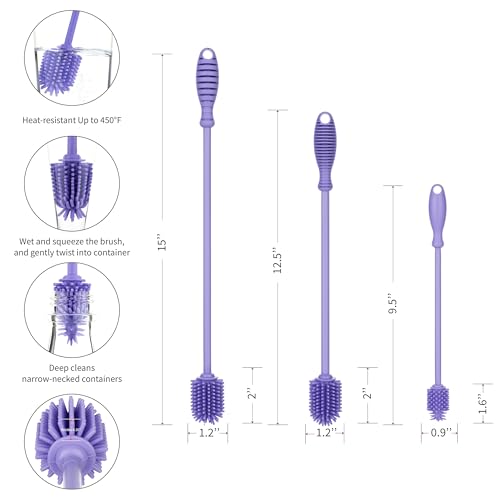 A-Brush Silicone Bottle Cleaner Brush, 3 Piece Set, Long Handle - Water Bottle Cleaner, Baby Bottle Nipple Brush for Plastic & Glass, BPA-Free Dish Washing Brush A2S Protection - color: Purple 3pk
