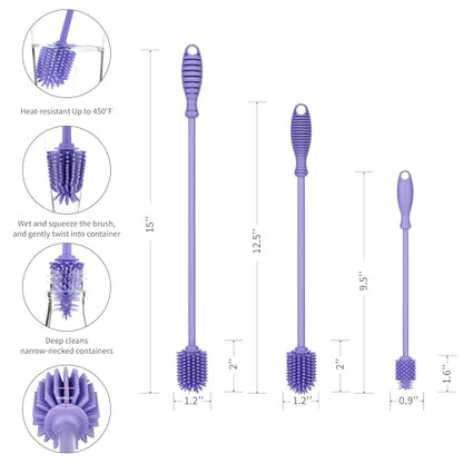 A-Brush Silicone Bottle Cleaner Brush, 3 Piece Set, Long Handle - Water Bottle Cleaner, Baby Bottle Nipple Brush for Plastic & Glass, BPA-Free Dish Washing Brush A2S Protection - color: Purple 3pk
