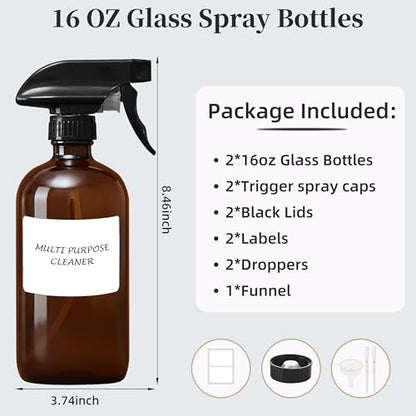 Amber Glass Spray Bottles 16 oz, 2 Pack | Refillable Empty Spray Bottles for Cleaning, Essential Oils, Plants, Hair Mister